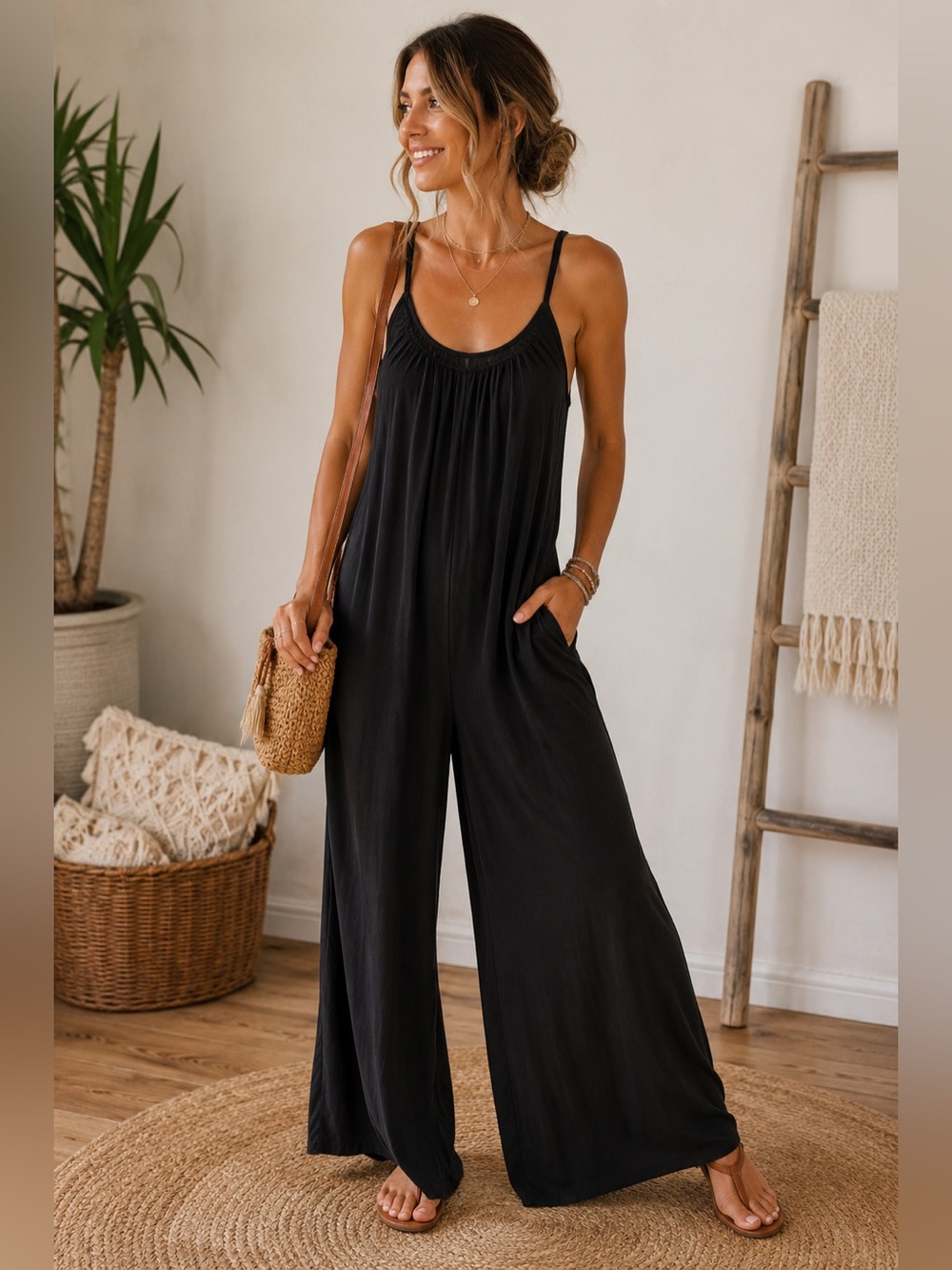Black Flowing Spaghetti Strap Jumpsuit-NEW-Wide Legs